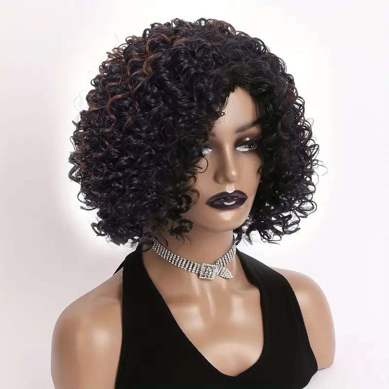 Elegant Afro Curly Kinky 12-inch Short Wig for Women, Elastic Cap, 130% Density, High Temperature Fiber, Natural Black and Brown, Heat Resistant Synthetic Hair Replacement for Daily Wear, Festive Outfits, and Parties 4