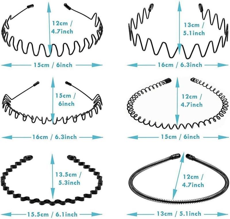 Elastic Wavy Spring Wave Hair Hoop, Multi-Style Black Non-slip Metal,Unisex Sport Fashion Hair Band Accessories for Women and Men(6 Pieces) 7