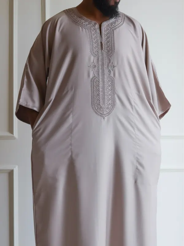 Classic Premium Summer Moroccan Thobe | Gabardine | Double Pocket | Elegant Embroidered Gandoura for Men 6