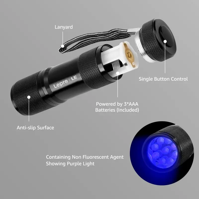 Urine Detectors Lepro LE UV Torch, 9 LED 395nm Ultraviolet Flashlight, Blacklight Detector for Pet Urine, Stain, Bed Bugs and More, 3 AAA Batteries Included [Energy Class F] 1