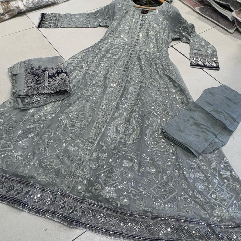 Silver/Grey JASMIN Long dress suit 3 piece Pakistani embroidered chiffon duppatta wedding edt S-XL Womenswear 1