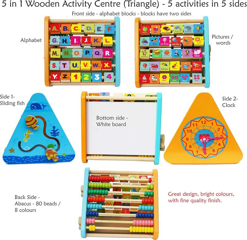 TOWO Wooden Activity Centre Triangle toys - Wooden Alphabet Blocks Abacus clock - Activity Cube for Toddlers 5 in 1-Wooden Activity Toys for Babies Montessori Learning-Wooden Toys for 1 year old 2