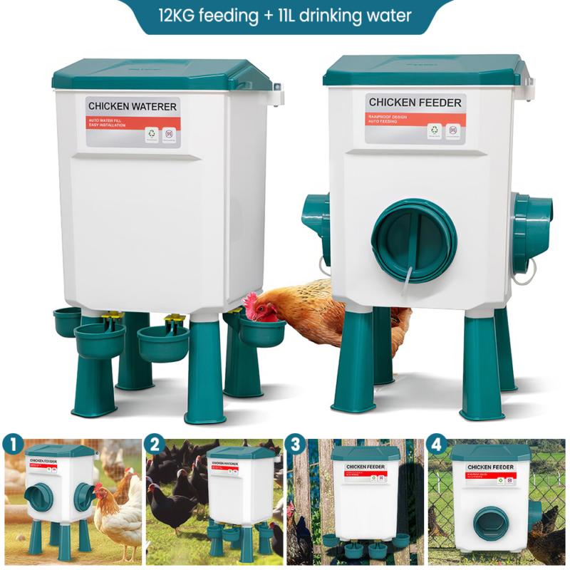 12kgChicken Feeder Bird Waterer11L Set Auto Food Water Dispenser Drinker Gravity 1