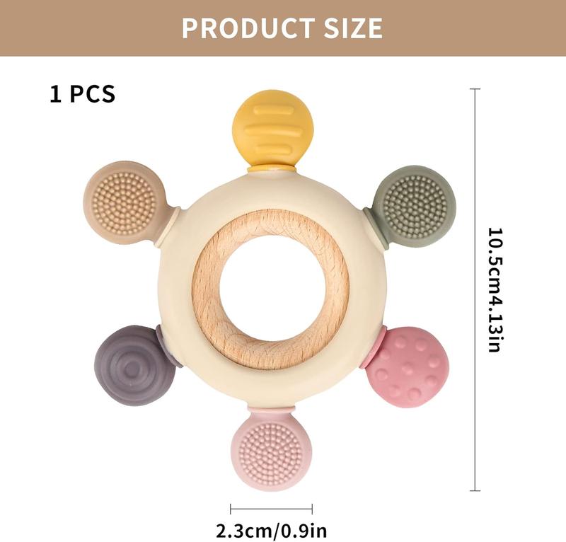 Baby Teether Silicone Teething Toys for Baby 3+ Months with Wooden Ring BPA Free Boys Girls Baby 2