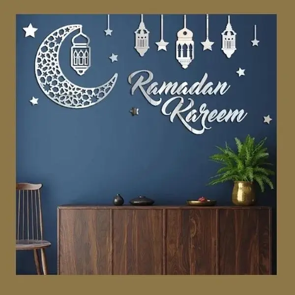 Premium Acrylic Wall Sticker with silver Moon and Matching Balloons for Ramadan Kareem Decor 0