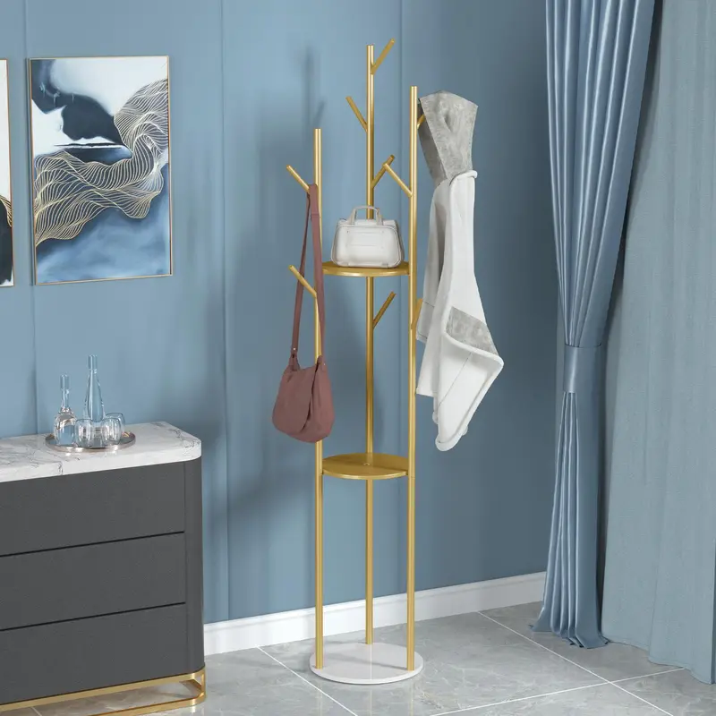 Marble Metal Coat Rack Freestanding with 3 Storage Shelves and 9 Hooks, Enterway Hall Tree for Hanging Coats, Jackets, Hats, Bag Hanger Organiser Hangable Room Installation 5