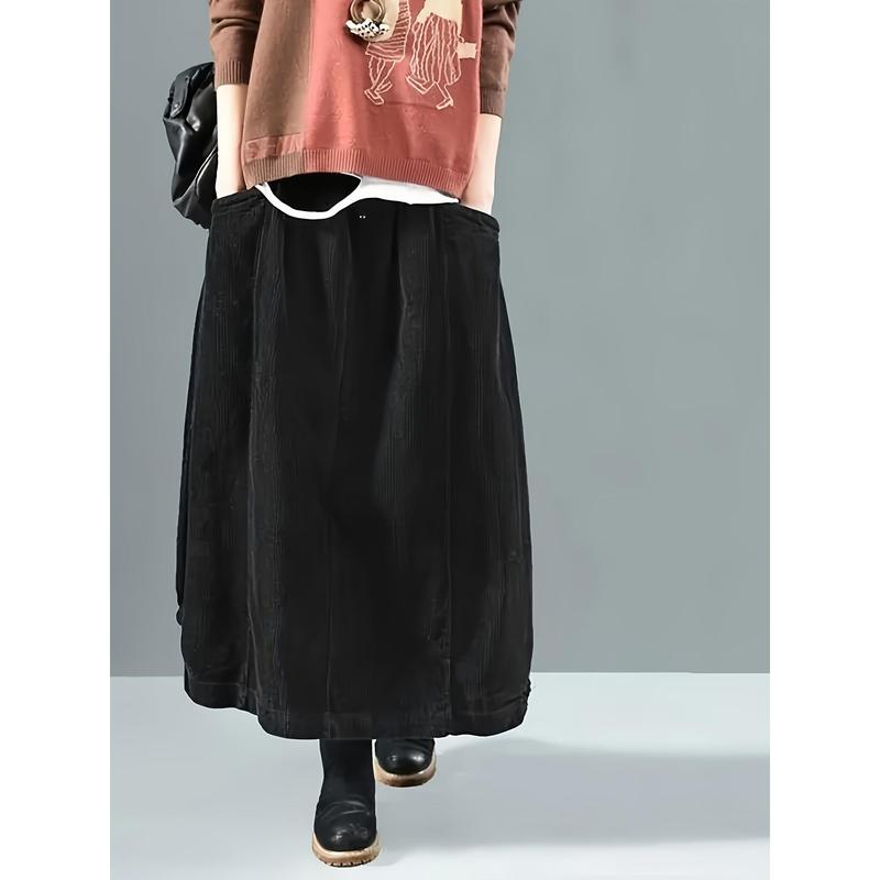 Button Detail Elastic Waist Skirt, Casual Dual Pockets Cocoon Skirt For Spring & Fall, Women's Clothing Womenswear Bottom 1