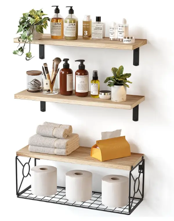 Floating Shelf Wall Mounted 3 Wood Shelves With Metal Basket