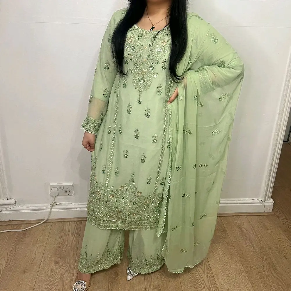 Chiffon 3 Piece Suit with Diamond Work and Embroidery work on kamees, perfect wear for any occasion. Womenswear Comfort Long Sleeve