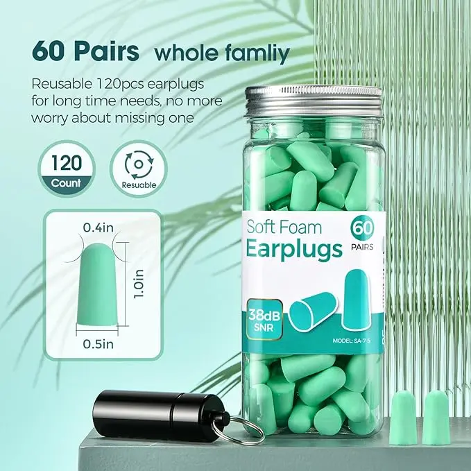 Ultra Soft Foam Earplugs for Sleeping, Studying, Traveling, Motorcycling, and More - 60 Pairs, Mint Green 5