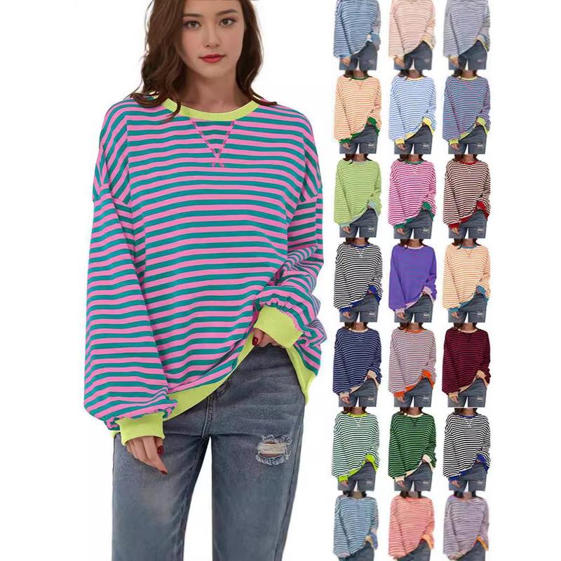 Women's Colorblock Striped Print Contrast Binding Drop Shoulder Sweatshirt, Casual Long Sleeve Round Neck Pullover for Fall & Winter, Ladies Clothes for Daily Wear, Tops for Women Womenswear Hoodie Bridal Comfort Crewneck Baggy Loose 0