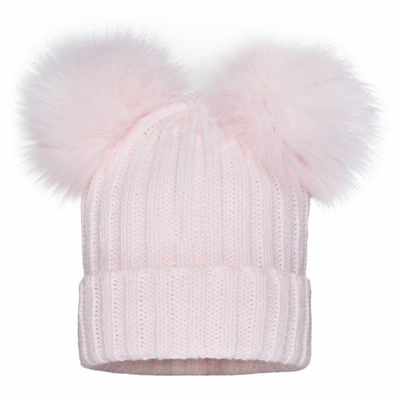 Double Fur Pom Girls Pink Hat 0