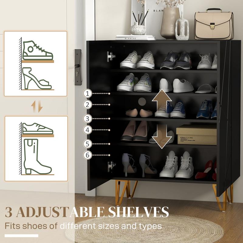 HOMCOM Narrow Shoe Storage Cabinet with Soft-Close Hinges and Adjustable Shelves for 15-20 Pairs of Shoes, Black | Aosom UK 3