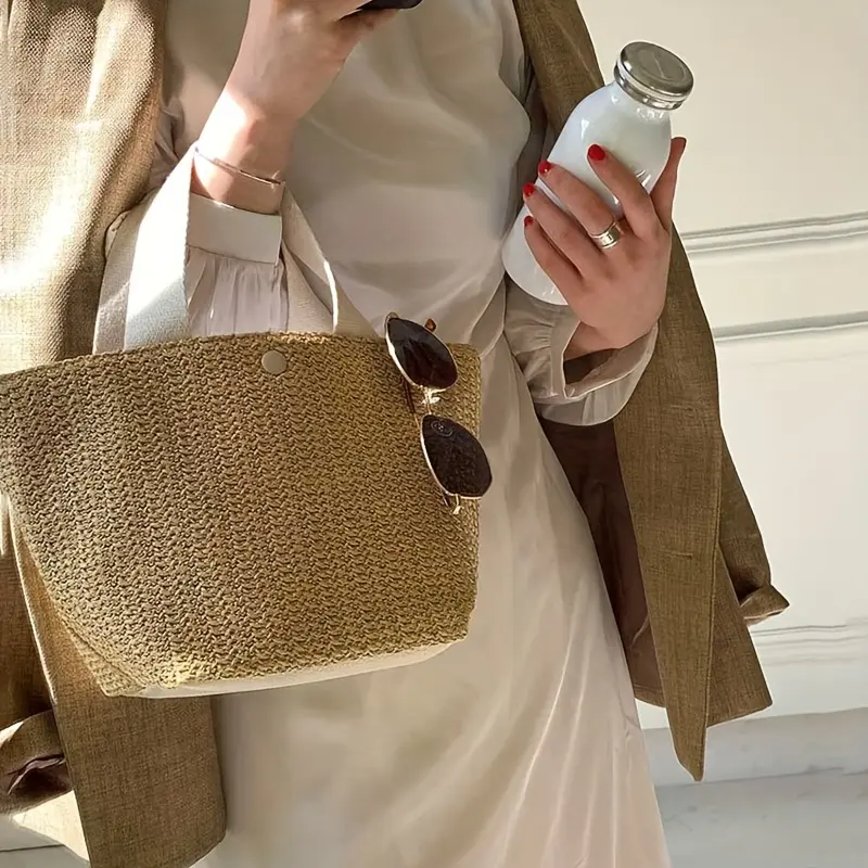 Large Capacity Bohemian Woven Tote Bag for Women - Lightweight Straw Beach & Picnic Handbag with Magnetic Closure, Perfect for Summer, Camping, and Casual Outings - Available in Khaki,, Black, Casual Commuting Bag | Bohemian Style Bag |  Beach Bag 6