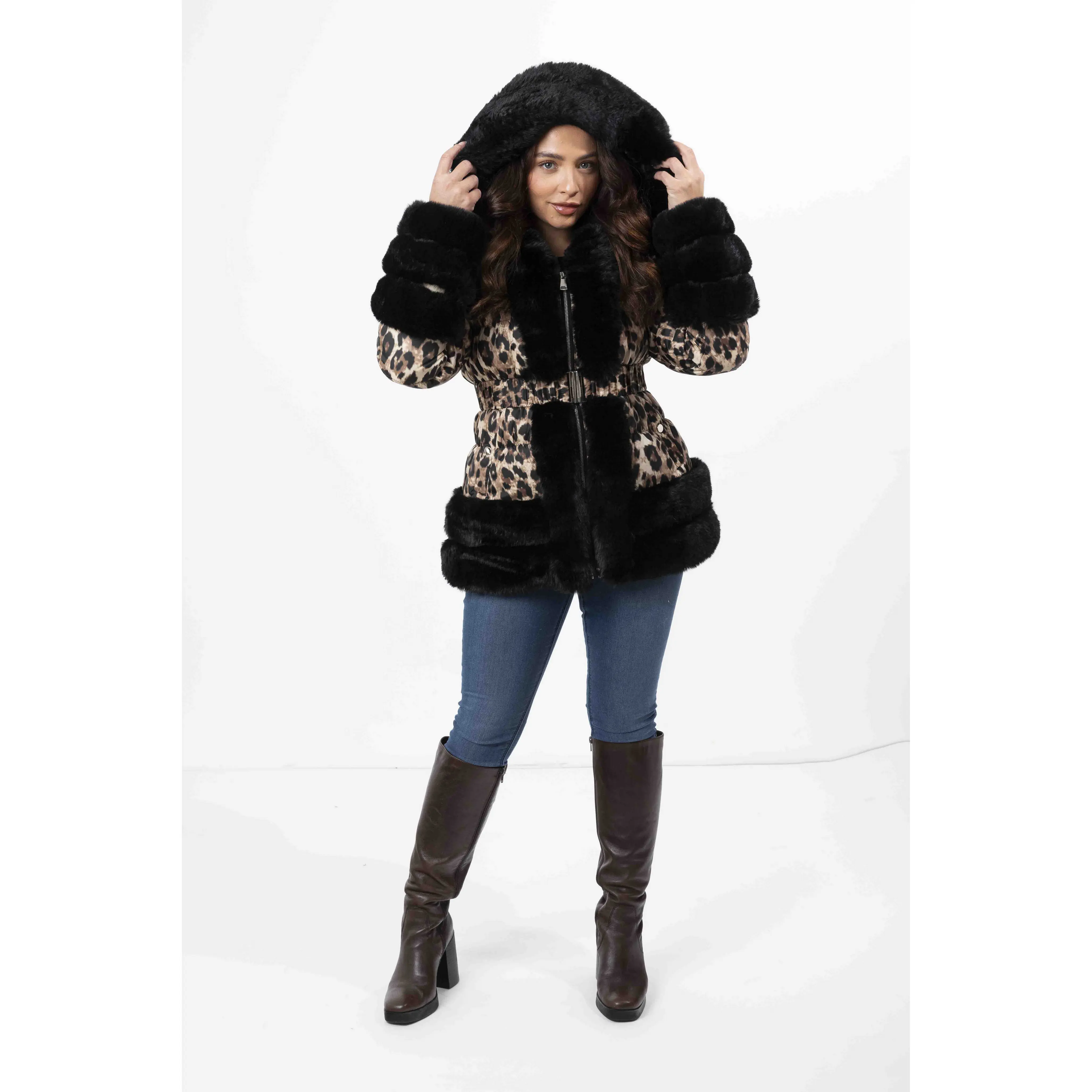 Hooded Faux Fur Hem Elasticated Belt Lined Jacket