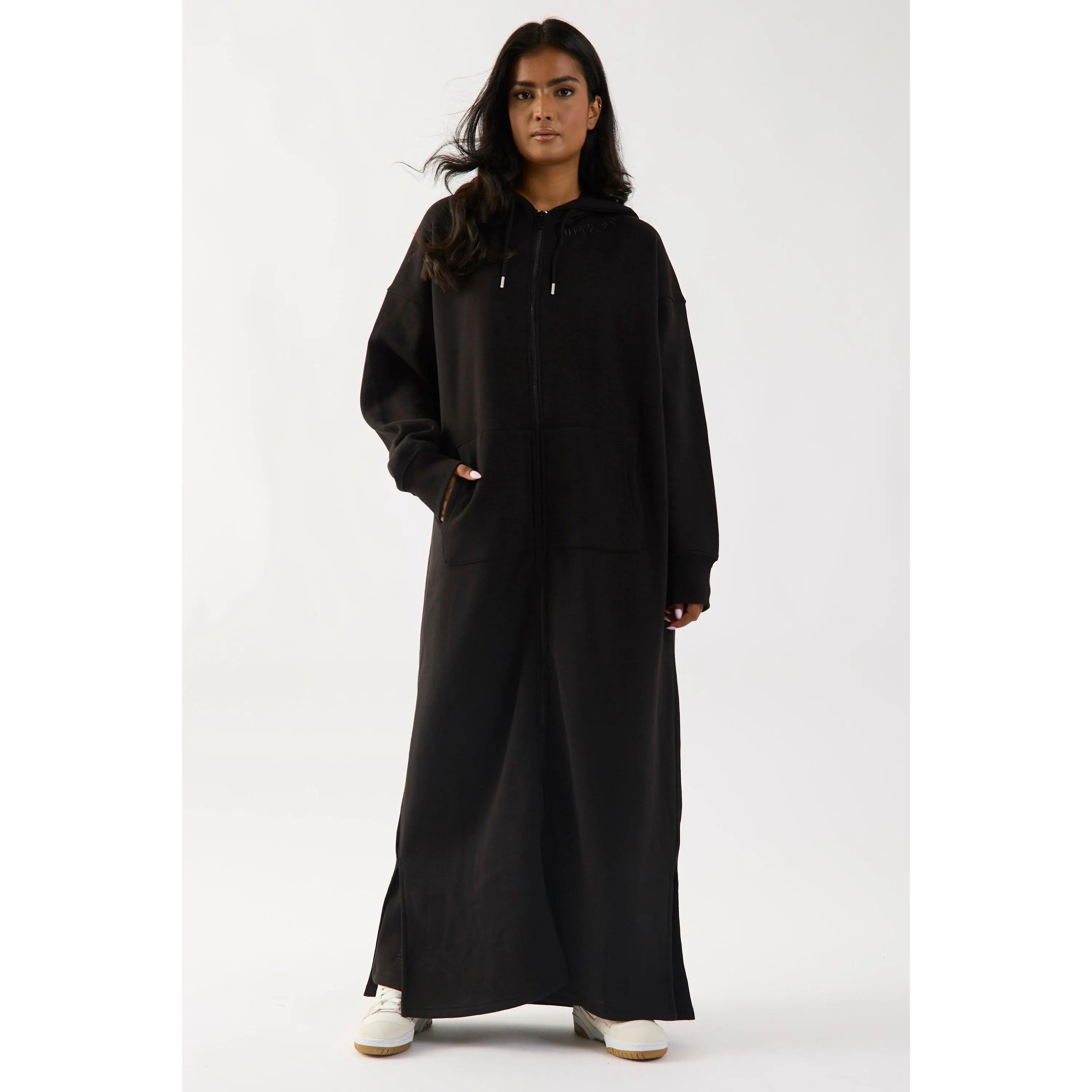 Aura and Ayla Black Embroidered Regular Length Oversized Zip Up Longline Full Length Hoodie Cotton Fabric
