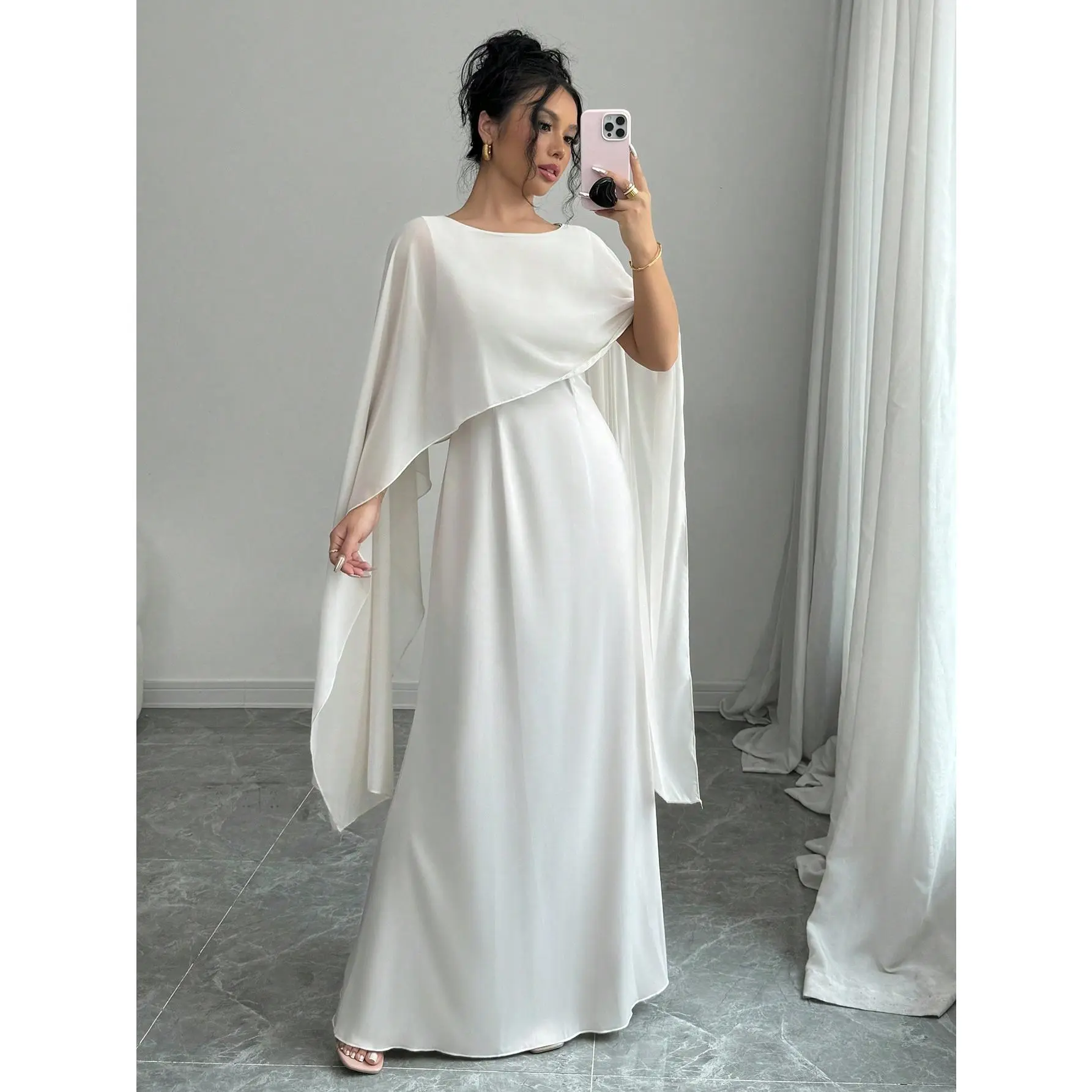 Elenzga Elegant Flowy Dress With Contrasting Detachable Capelet Sleeves For Women Maxi Satin Women Outfit