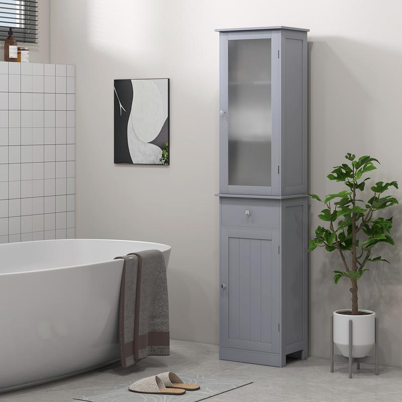 kleankin Bathroom Storage Cabinet with 3-tier Shelf Drawer Door, Floor Cabinet Free Standing Tall Slim Side Organizer Shelves, Grey 1
