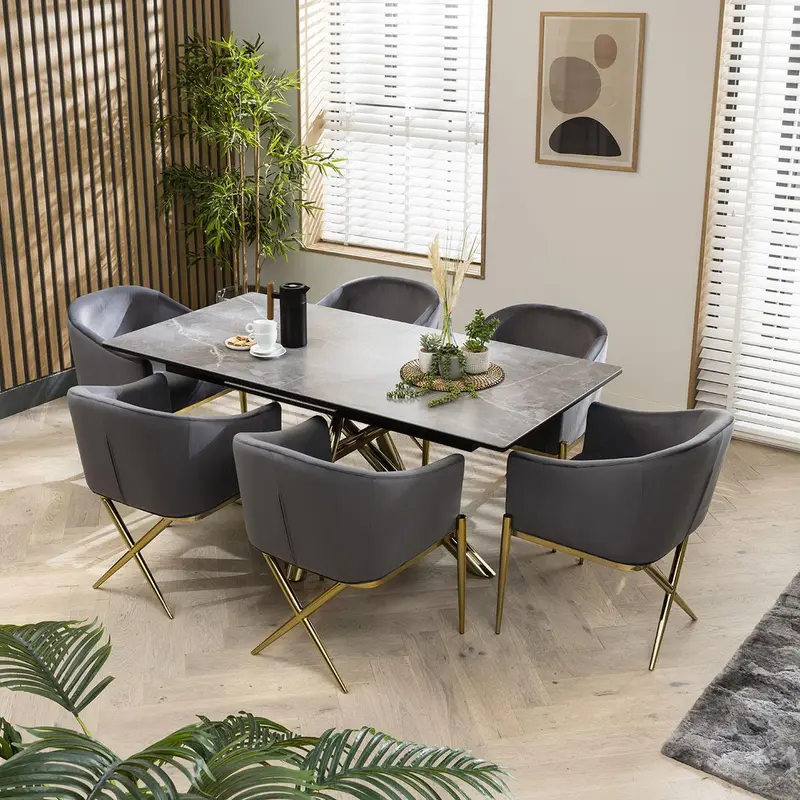 6 Seater Extendable Dining Set - Grey Ceramic Table - Premium Velvet Chairs 0