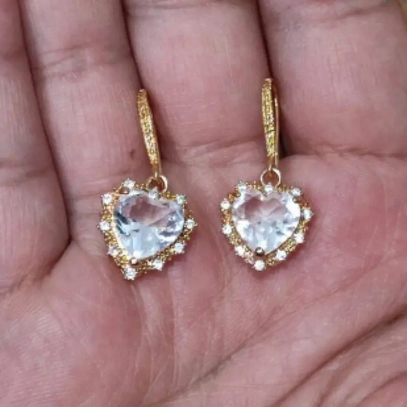 gold colour filled pink heart earrings,viral golden pink earrings,rose pink golden earrings,crystal earrings,gift for her, graduation gift, wedding gift, birthday gift, antique golden heart earrings. 7