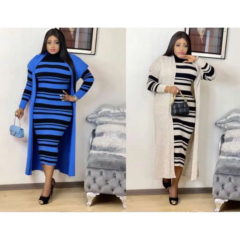 Strips Women’s Knitted Turtleneck Dress and Knitted Cardigan Set Womenswear 1