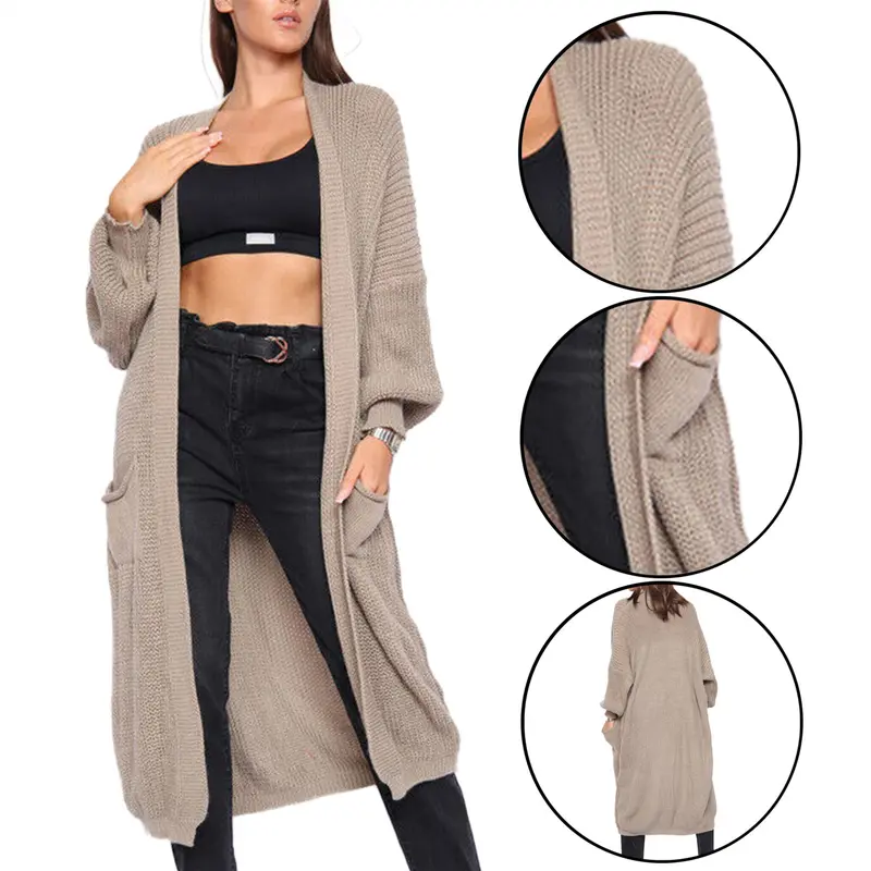 Long Ladies Balloon Sleeve Cardigan Oversized Pocket Chunky Weave Knitted Ribbed Jumper Comfort Knitwear 3