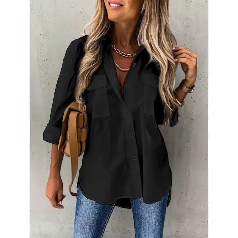 Button Front Long Sleeve Shirt, Casual Solid Office Shirt With Collar, Women's Clothing 0