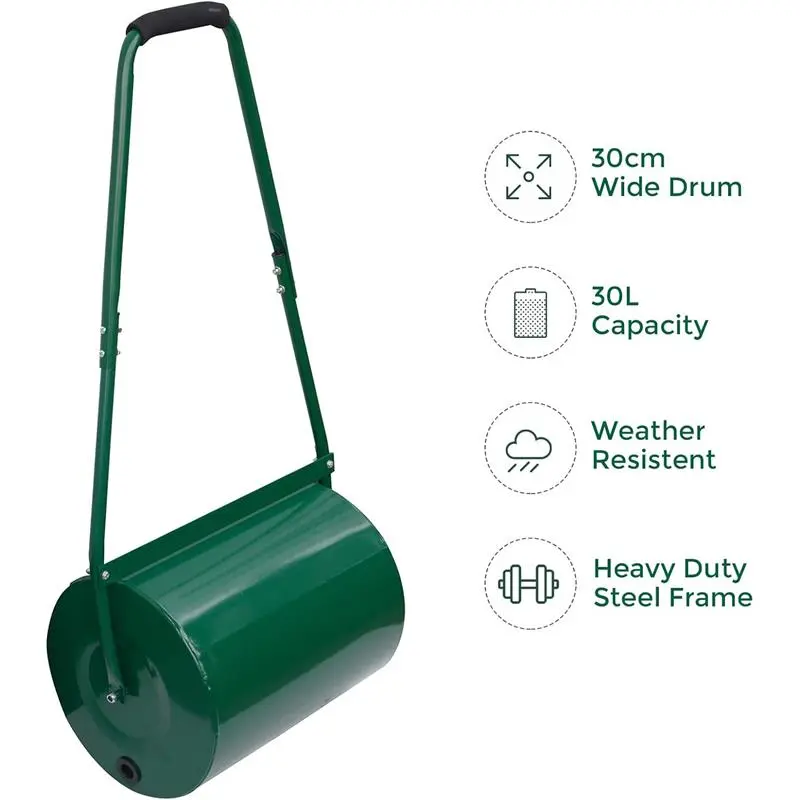 30L/38L/46L Heavy Duty Garden Grass Lawn Roller - Large Water or Sand Filled Drum, Galvanized Steel Construction, Scraper Bar & Collapsible Handle for Levelling Uneven Ground - Green (30 Liter) 1
