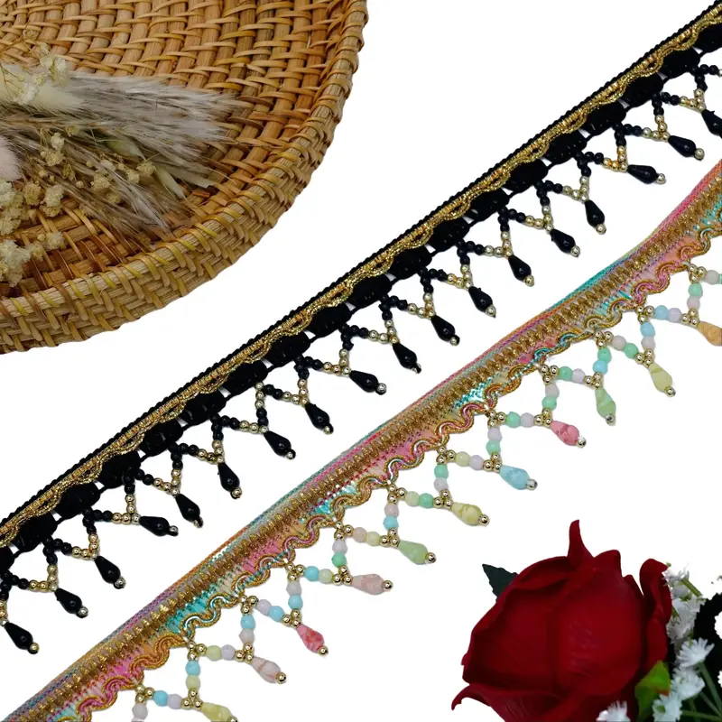 2 Yrds Beaded Multicoloured Fringe Scalloped Shape Pearl Vintage Style Trim Ribbon Sewing on Edging Perfect for adding a touch of vintage charm to wedding stationery or craft projects Decoratiing Lamp Shade,Curtain edging,table cloth edging Decoration 0