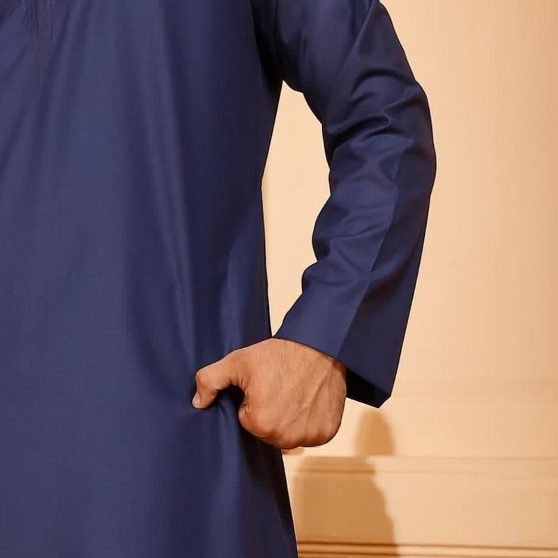 Matte Blue Collarless Omani Thobe with Zip for Men crew neck plain 2