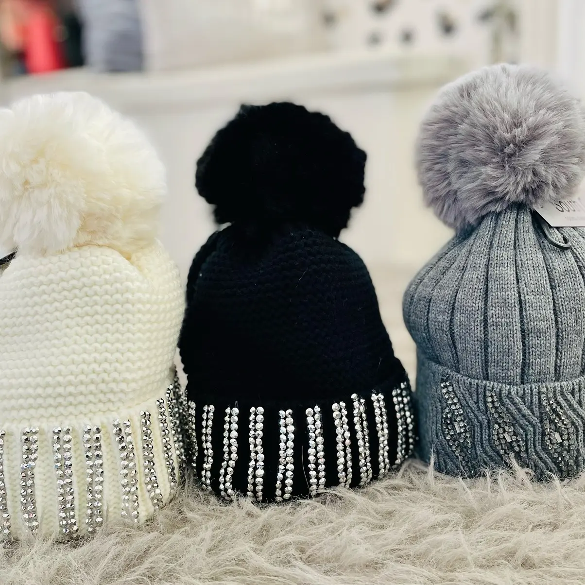 Ladies Bobble Hats with Diamanté Rim - Stylish and Warm Winter Accessories