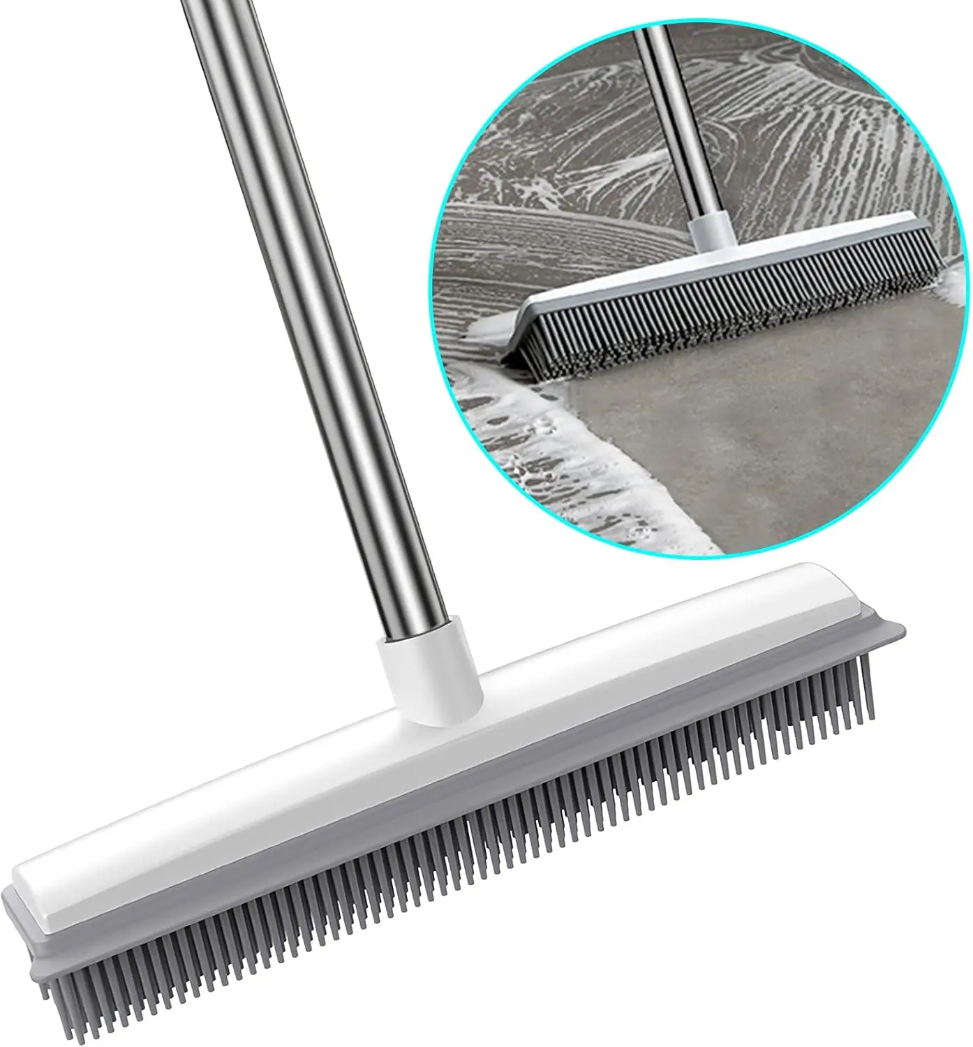 2 in 1 Rubber Broom with Squeegee Edge, Carpet Brush with Adjustable Long Handle Outdoor Soft Push Broom for Pet Cat Dog Hair Removal Carpet Kitchen Garden Yard Window Cleaning