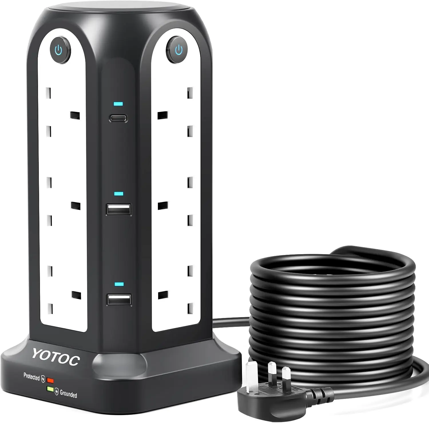 12 Way Surge Protected Tower Extension Lead with 4 USB Ports 2 USB-C 4 Individual Switches 3250 W Power Strip & 3 M Extension Cable for Home Office