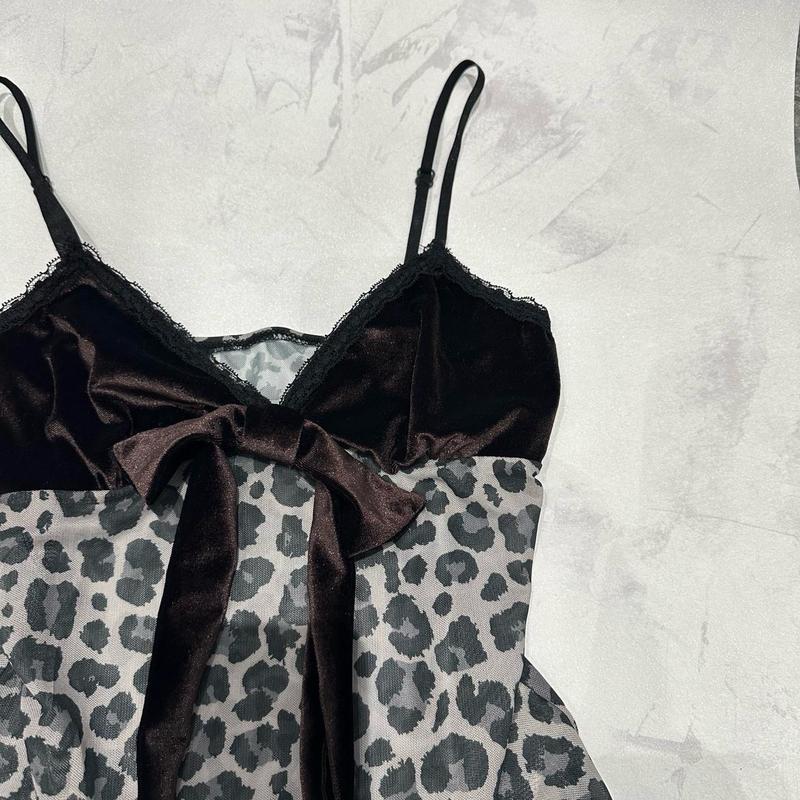 Leopard Print Mesh Cami Top with Brown Velour Bow Detail Y2K 90s Night Out Lightweight Style Statement 4