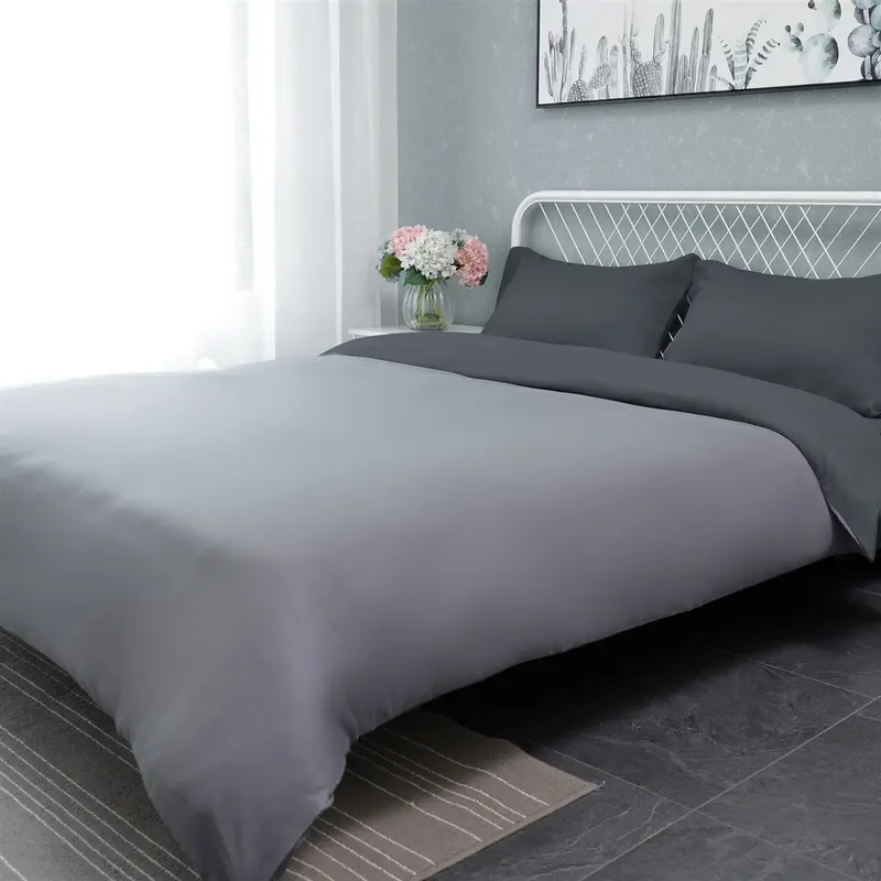 Reversible Plain Duvet Cover Bedding Set With Pillowcase (Grey - Silver) 0