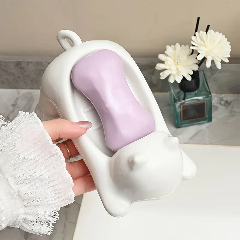 1pc Cat-Shaped Plastic Soap Dish, Oval Tabletop Decor Soap Drain Holder for Bathroom Sink, Multipurpose Soap Storage Rack, Ideal Gift for Soap Storage 1