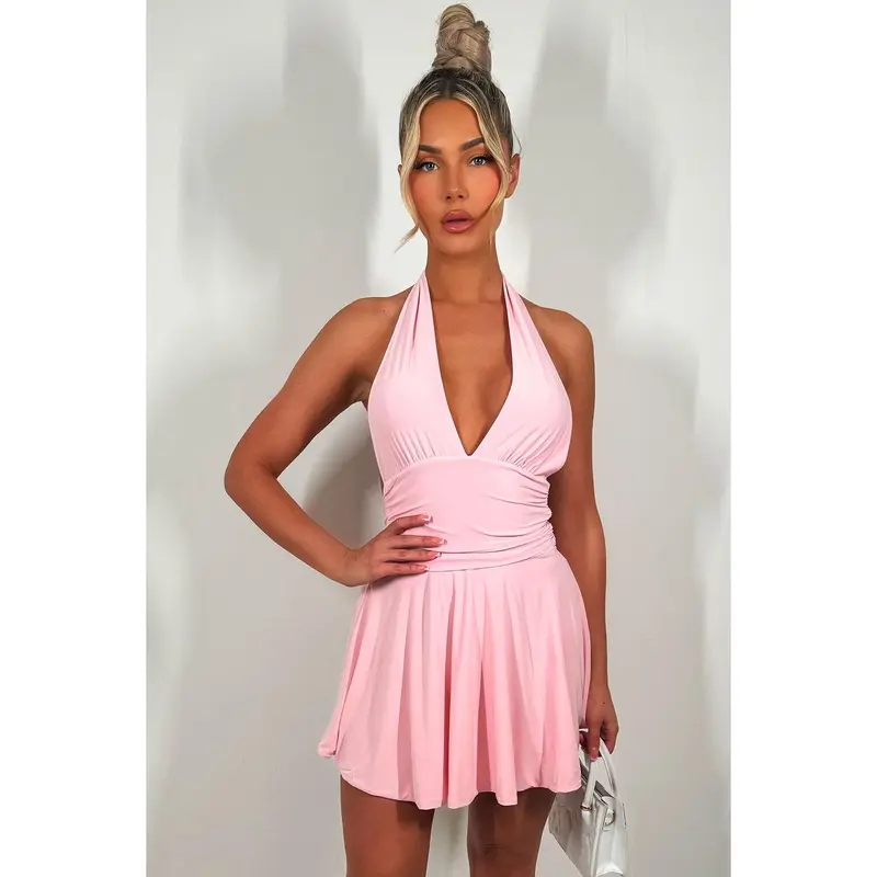Halter Neck Dress With Open Back Pink 5