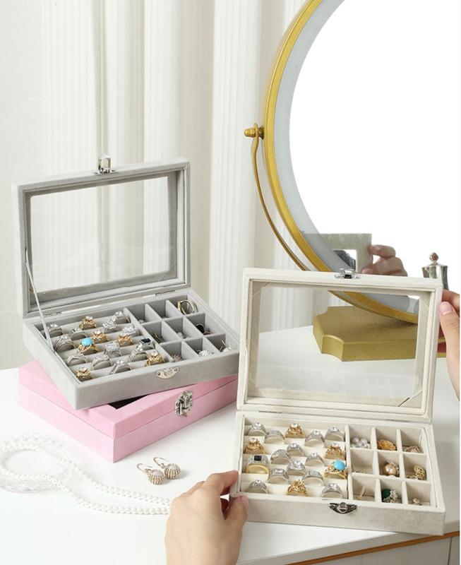 P240001 VELVET JEWELLERY DISPLAY STORAGE HOLDER WITH TRANSPARENT ACRYLIC COVER FOR ALL ACCESSORIES Box Boxes Gift Organiser Adjustable Case 3