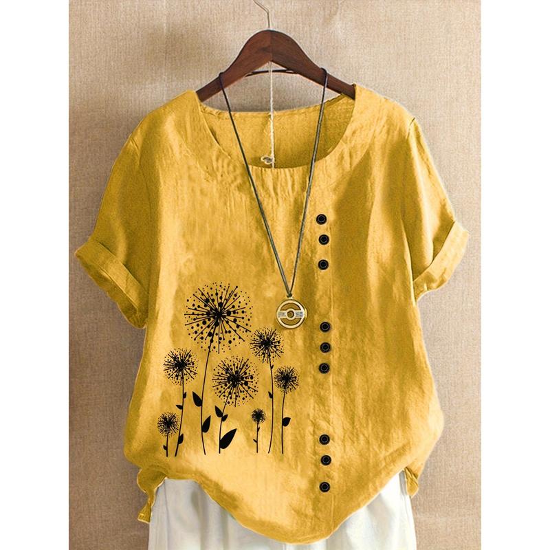Women's Plus Size Casual Loose-Fit Blend Blouse with Floral Print, Short Sleeve, Round Neck, and Faux Button Details - Soft Green Fabric, Machine Washable, Blouse Shirts Top 0