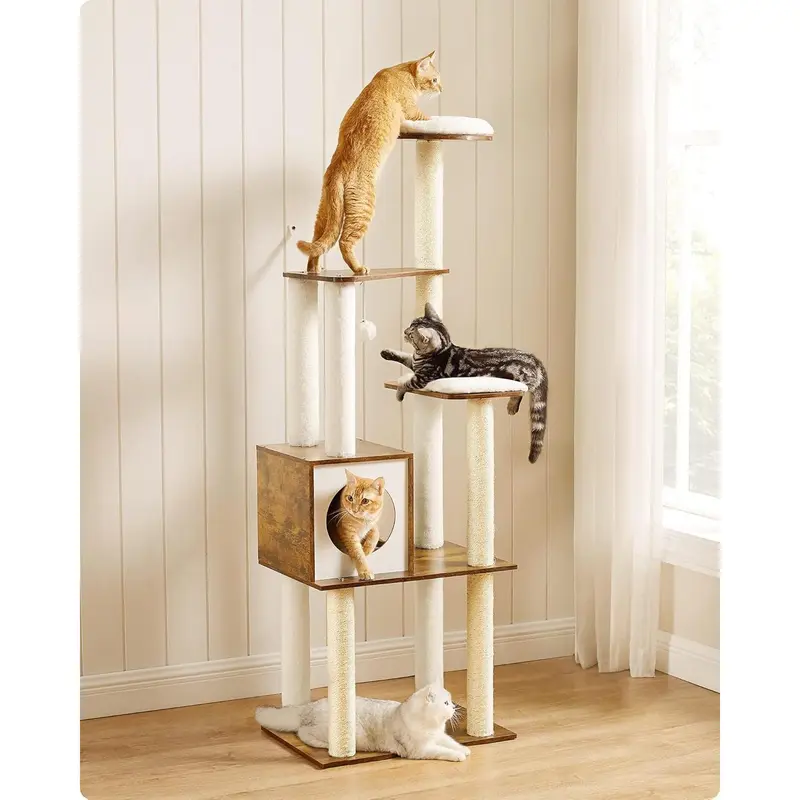 Woodywonders Cat Tree, 65-Inch Modern Cat Tower for Indoor Cats, Multi-Level Cat Condo with 5 Scratching Posts, Perch, Washable Removable Cushions, Cat Furniture, Rustic Brown UPCT166X01 2