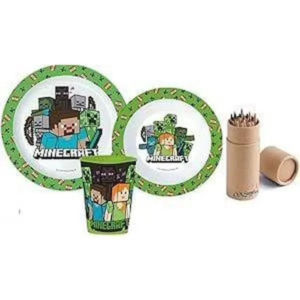 Minecraft 3-Piece Microwave Safe Tableware Set - Plate, Bowl & Cup with Pencils, Cartoon Character Design for Kids Cutlery Sturdy 0