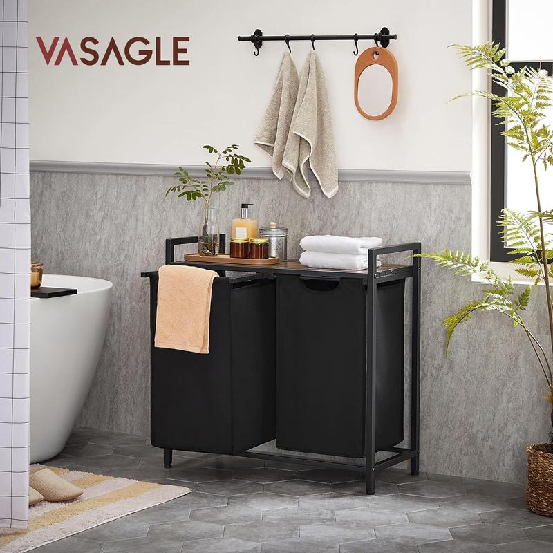 SONGMICS HOME Laundry Basket with Storage Shelf, 2/3-Compartment Laundry Hamper, Pull-Out and Removable Laundry Bags, Laundry Sorter, Shelf, Metal Frame, 2 x 46L, 3 x 38L, Light Organiser Plastic Adjustable Steel 0