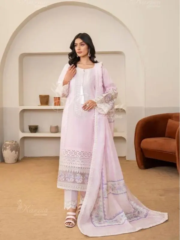 KC-1423-2 Baby Pink | Elegant Lawn Embroidered Shirt with Printed Dupatta & Lawn Trouser by Karma Kayseria Comfort Dress
