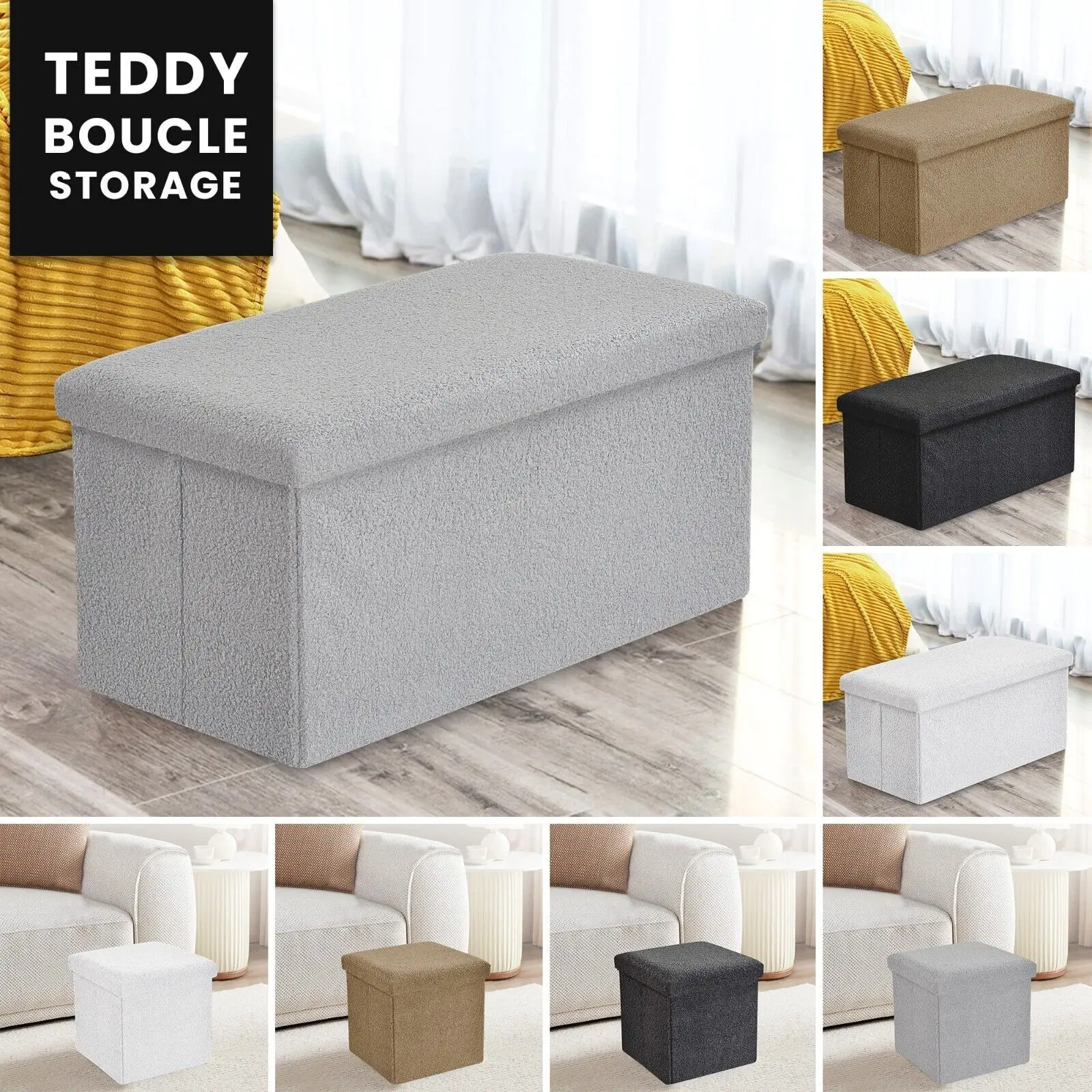 Storage Ottoman Boucle Teddy Fur Foldable - One Seater & 2 Seater