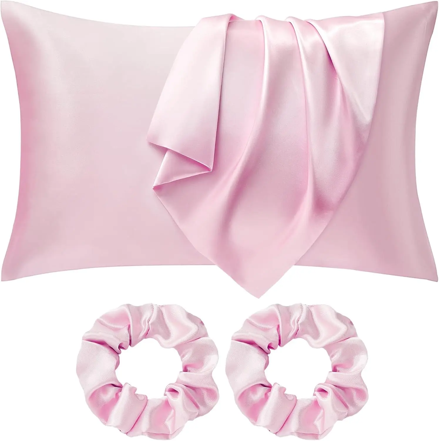 Satin Silk Pillowcases for Hair and Skin Pink Silk Pillow Case 2 Pack with Hair Silk Scrunchies for women, Cooling Pillow cases with Envelope Closure, Standard Size 50x75 cm