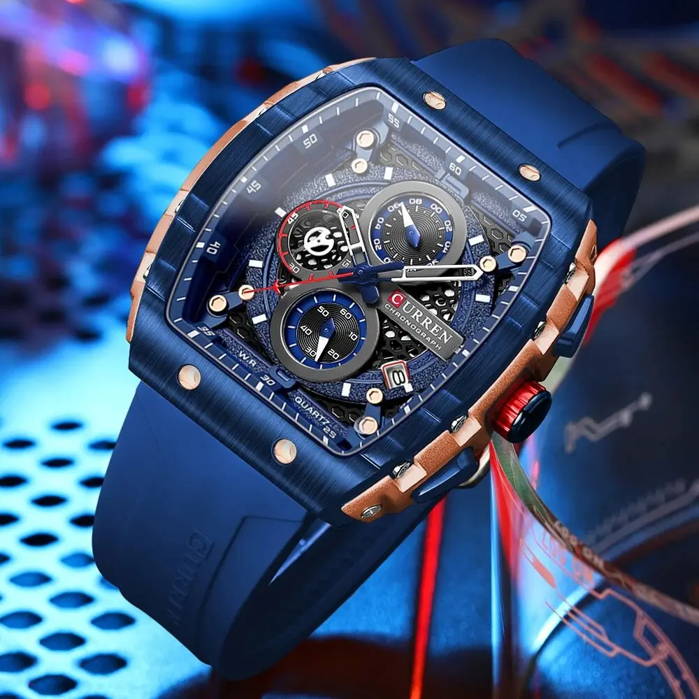 CURREN Square Business Watches: Large Dial Sports Quartz with Silicone Bands and Luminous Hands with box