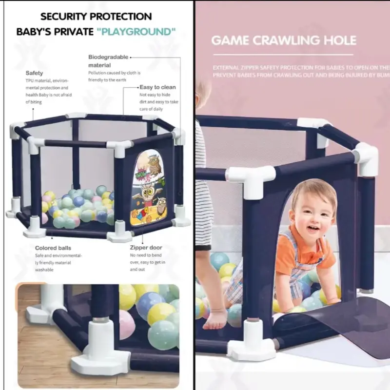 Baby Playpen, 6-Panel Portable Safety Play Yard with Breathable Mesh, Basketball Hoop, Pull Ring, and Balls at 6