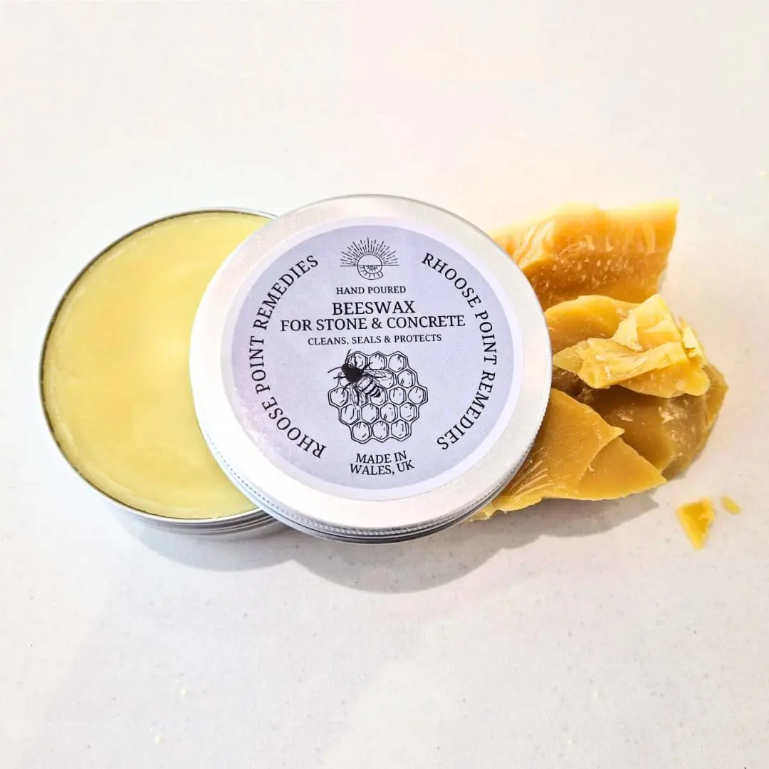 Beeswax for Stone & Concrete by Rhoose Point Remedies Cleans Seals Protects Man-Made Surfaces Marble Quartz Granite Slate Ceramic Surfaces long-lasting protected finish natural, non-toxic, biodegradable, child, pet & planet friendly kitchen and food safe