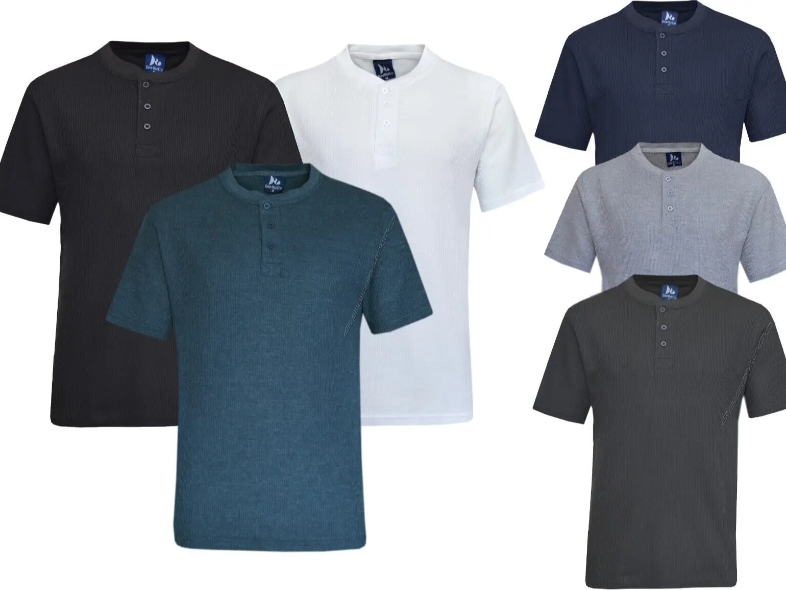 Beebizco Mens Henley T-shirt Plain Grandad Neck Waffle Knit Casual Thin Top Short-sleeve Cotton