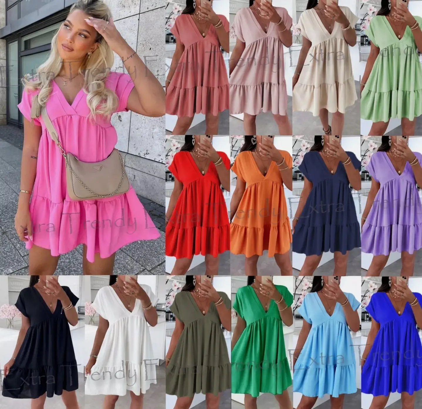 Women Ladies V Neck Frill Layered Summer Beach Tiered Smock Swing Mini Dress Top